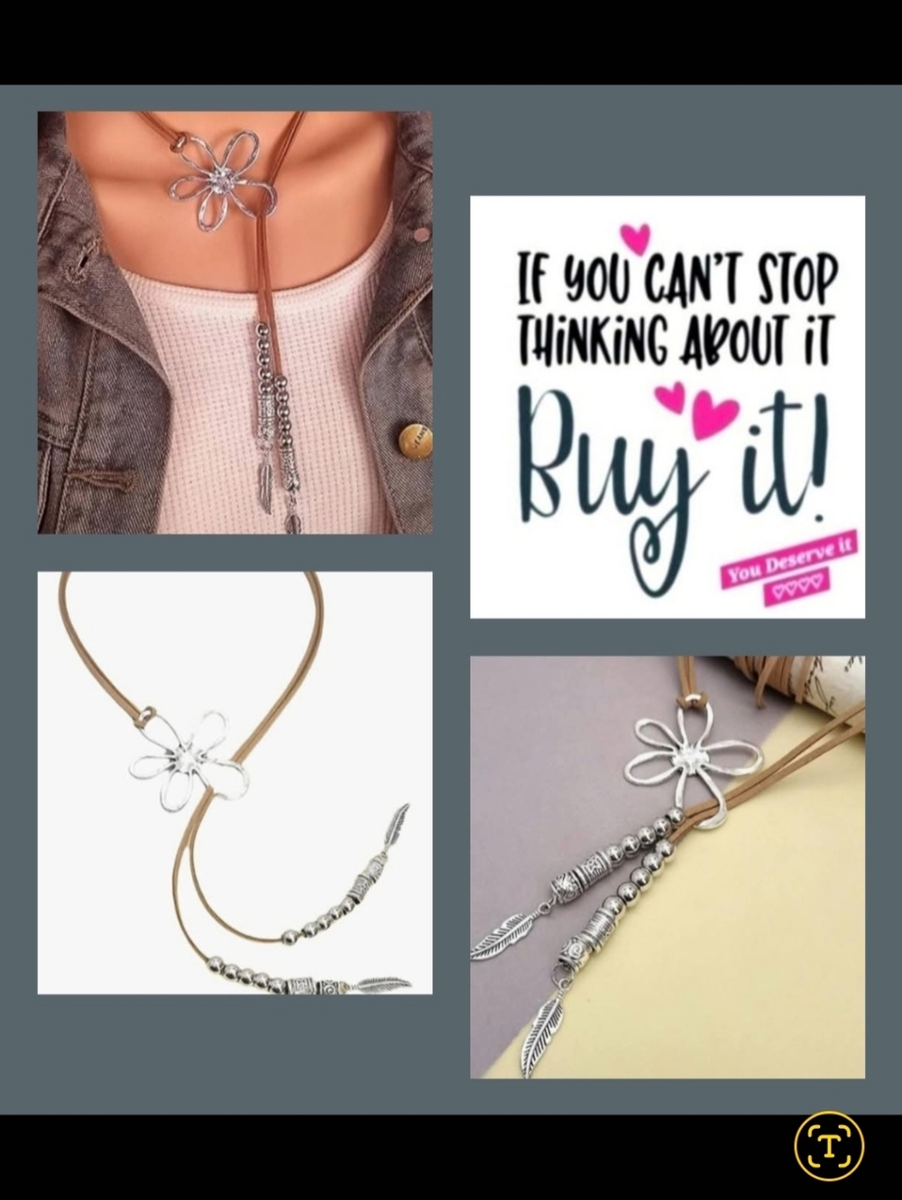 Brown Cord Necklace with Silver Flower Pendant. NWT in package